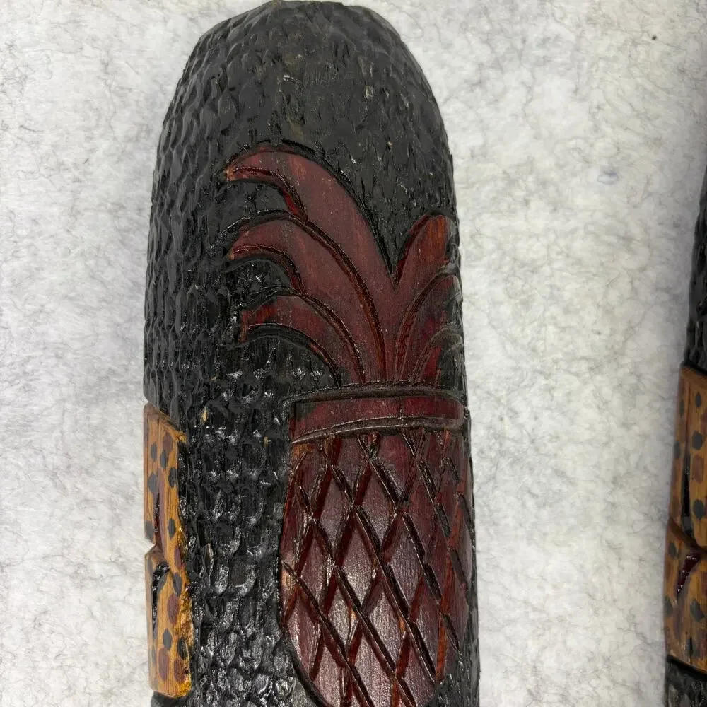 Vintage 1970s Hawaiian Carved Wood Tiki Couple – Wall Art Pair 18.5